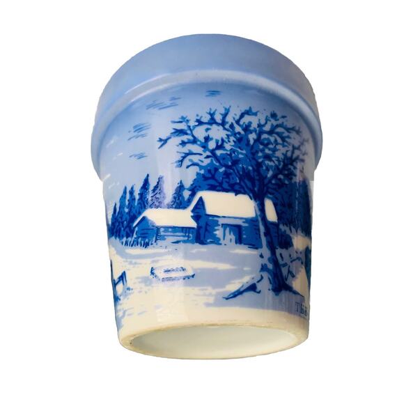 VintageCurrier & Ives The Old Homestead In Winter Ceramic Planter Pot Blue White - Picture 2 of 11